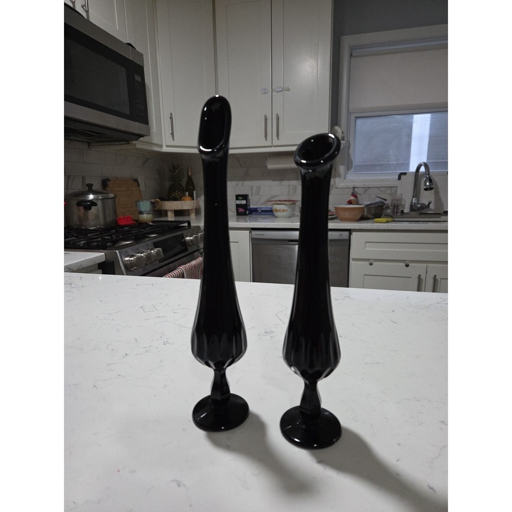 2 Vintage Black Amethyst Fenton Glass Swung Vase Thumbprint Pattern 12 And 11